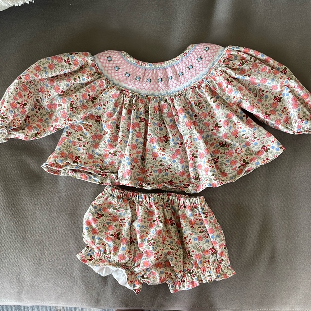 Smocked Floral Pink Girls Dress Set